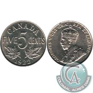 1922 Near Rim Canada 5-cents Almost Uncirculated (AU-50)