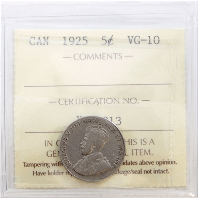 1925 Canada 5-cents ICCS Certified VG-10