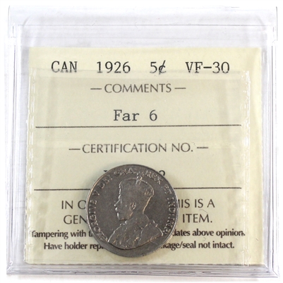 1926 Far 6 Canada 5-cents ICCS Certified VF-30