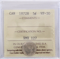 1872H Canada 5-cents ICCS Certified VF-30