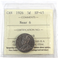 1926 Near 6 Canada 5-cents ICCS Certified EF-45
