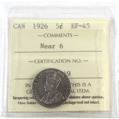 1926 Near 6 Canada 5-cents ICCS Certified EF-45
