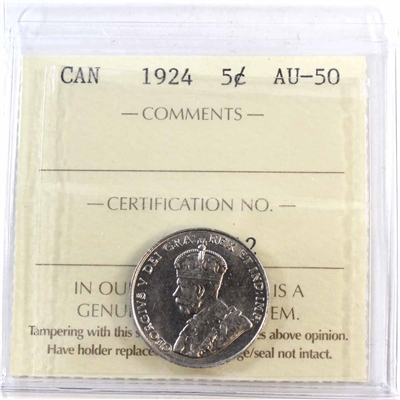 1924 Canada 5-cents ICCS Certified AU-50