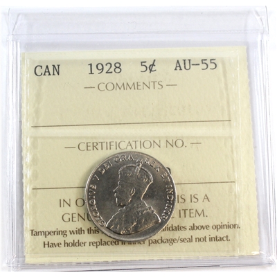 1928 Canada 5-cents ICCS Certified AU-55