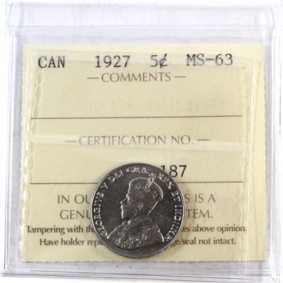 1927 Canada 5-cents ICCS Certified MS-63