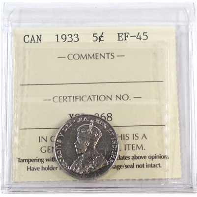 1933 Canada 5-cents ICCS Certified EF-45