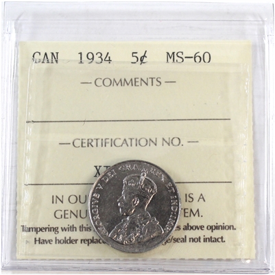 1934 Canada 5-cents ICCS Certified MS-60