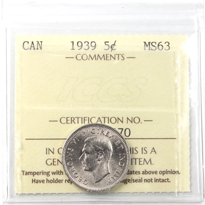 1939 Canada 5-cents ICCS Certified MS-63