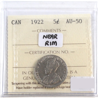 1922 Near Rim Canada 5-cents ICCS Certified AU-50