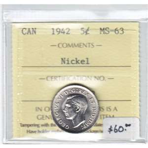 1942 Nickel Canada 5-cents ICCS Certified MS-63