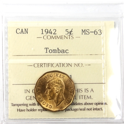 1942 Tombac Canada 5-cents ICCS Certified MS-63