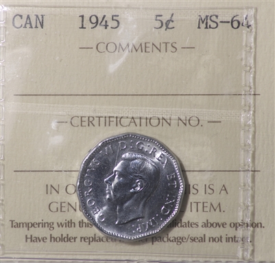 1945 Canada 5-cents ICCS Certified MS-64