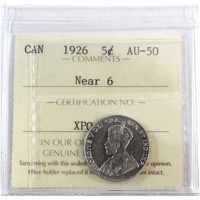 1926 Near 6 Canada 5-cents ICCS Certified AU-50