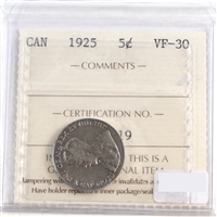 1925 Canada 5-cents ICCS Certified VF-30