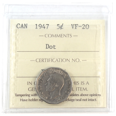 1947 Dot Canada 5-cents ICCS Certified VF-20