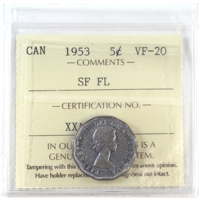 1953 SF FL Canada 5-cents ICCS Certified VF-20