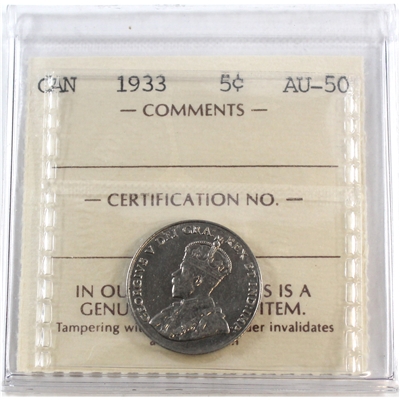 1933 Canada 5-cents ICCS Certified AU-50