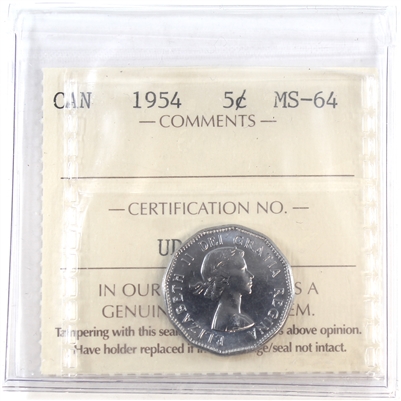 1954 SF Canada 5-cents ICCS Certified MS-64