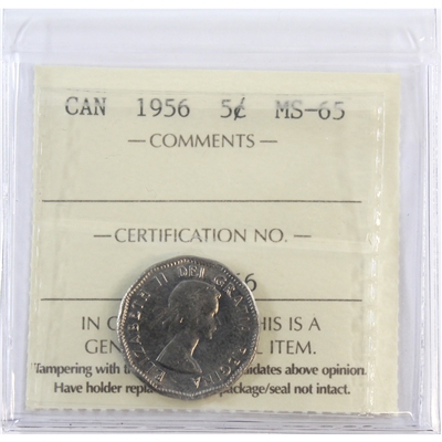 1956 Canada 5-cents ICCS Certified MS-65