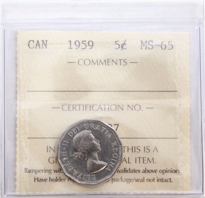 1959 Canada 5-cents ICCS Certified MS-65