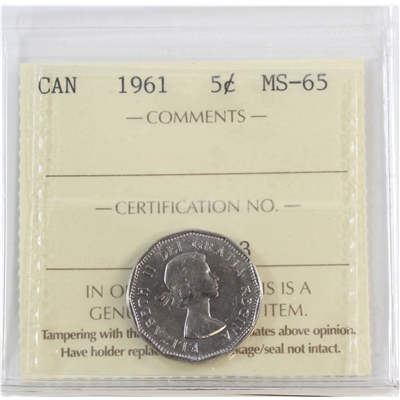 1961 Canada 5-cents ICCS Certified MS-65