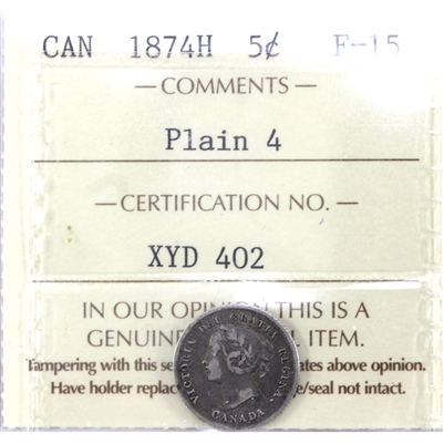 1874H Plain 4 Canada 5-cents ICCS Certified F-15