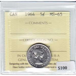 1964 Canada 5-cents ICCS Certified MS-65