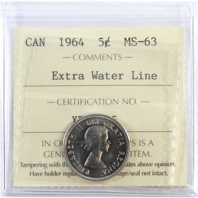 1964 Extra Water Line Canada 5-cents ICCS Certified MS-63