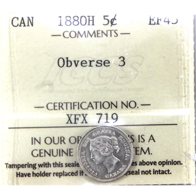 1880H Obv. 3 Canada 5-cents ICCS Certified EF-45