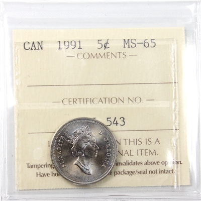 1991 Canada 5-cents ICCS Certified MS-65