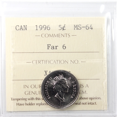 1996 Far 6 Canada 5-cents ICCS Certified MS-64