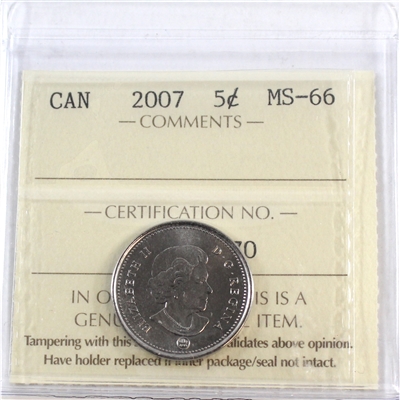 2007 Canada 5-cents ICCS Certified MS-66