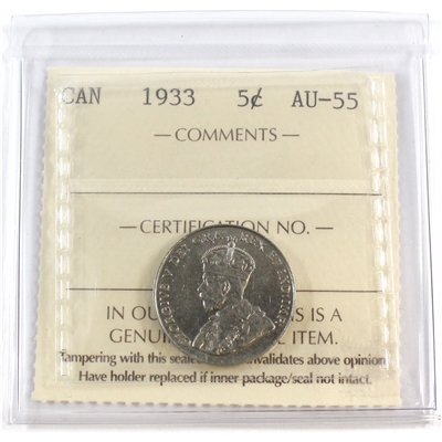1933 Canada 5-cents ICCS Certified AU-55