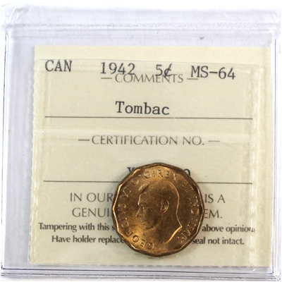 1942 Tombac Canada 5-cents ICCS Certified MS-64