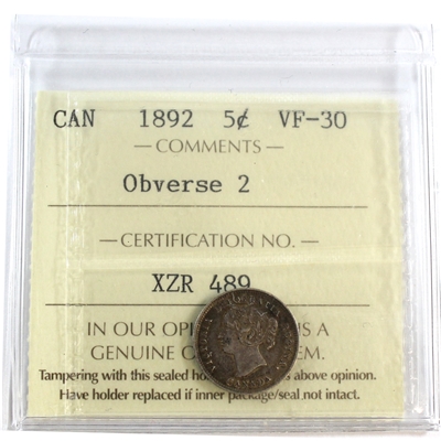 1892 Obv. 2 Canada 5-cents ICCS Certified VF-30