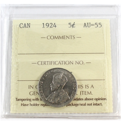 1924 Canada 5-cents ICCS Certified AU-55