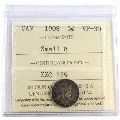 1908 Small 8 Canada 5-cents ICCS Certified VF-30