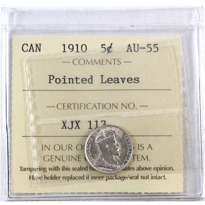 1910 Pointed Leaves Canada 5-cents ICCS Certified AU-55