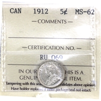 1912 Canada 5-cents ICCS Certified MS-62 (RU 069)