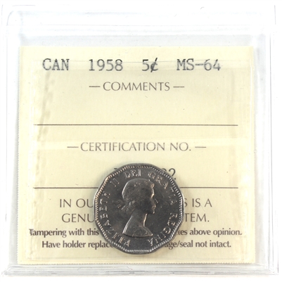 1958 Canada 5-cents ICCS Certified MS-64