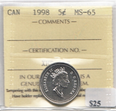 1998 Canada 5-cents ICCS Certified MS-65