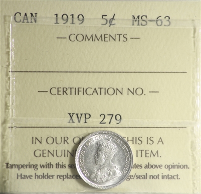 1919 Canada 5-cents ICCS Certified MS-63