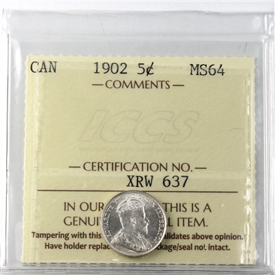 1902 Canada 5-cents ICCS Certified MS-64 (XMY 863)