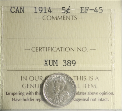 1914 Canada 5-cents ICCS Certified EF-45