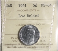 1951 Low Relief Canada 5-cents ICCS Certified MS-64