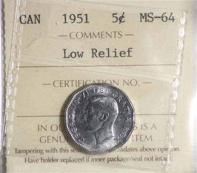 1951 Low Relief Canada 5-cents ICCS Certified MS-64