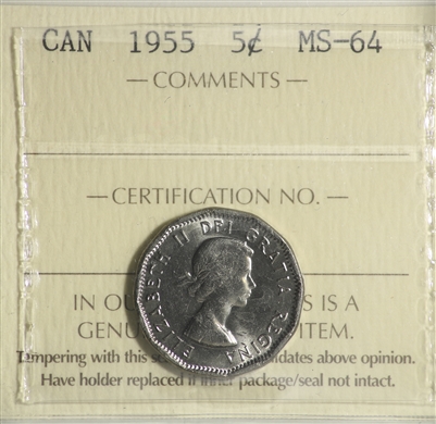 1955 Canada 5-cents ICCS Certified MS-64