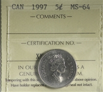1997 Canada 5-cents ICCS Certified MS-64