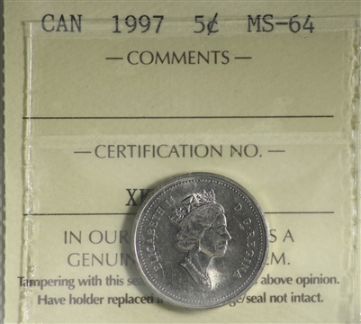 1997 Canada 5-cents ICCS Certified MS-64