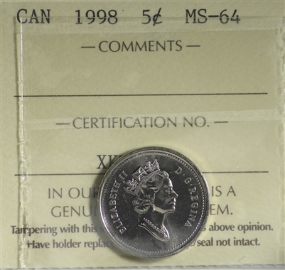 1998 Canada 5-cents ICCS Certified MS-64
